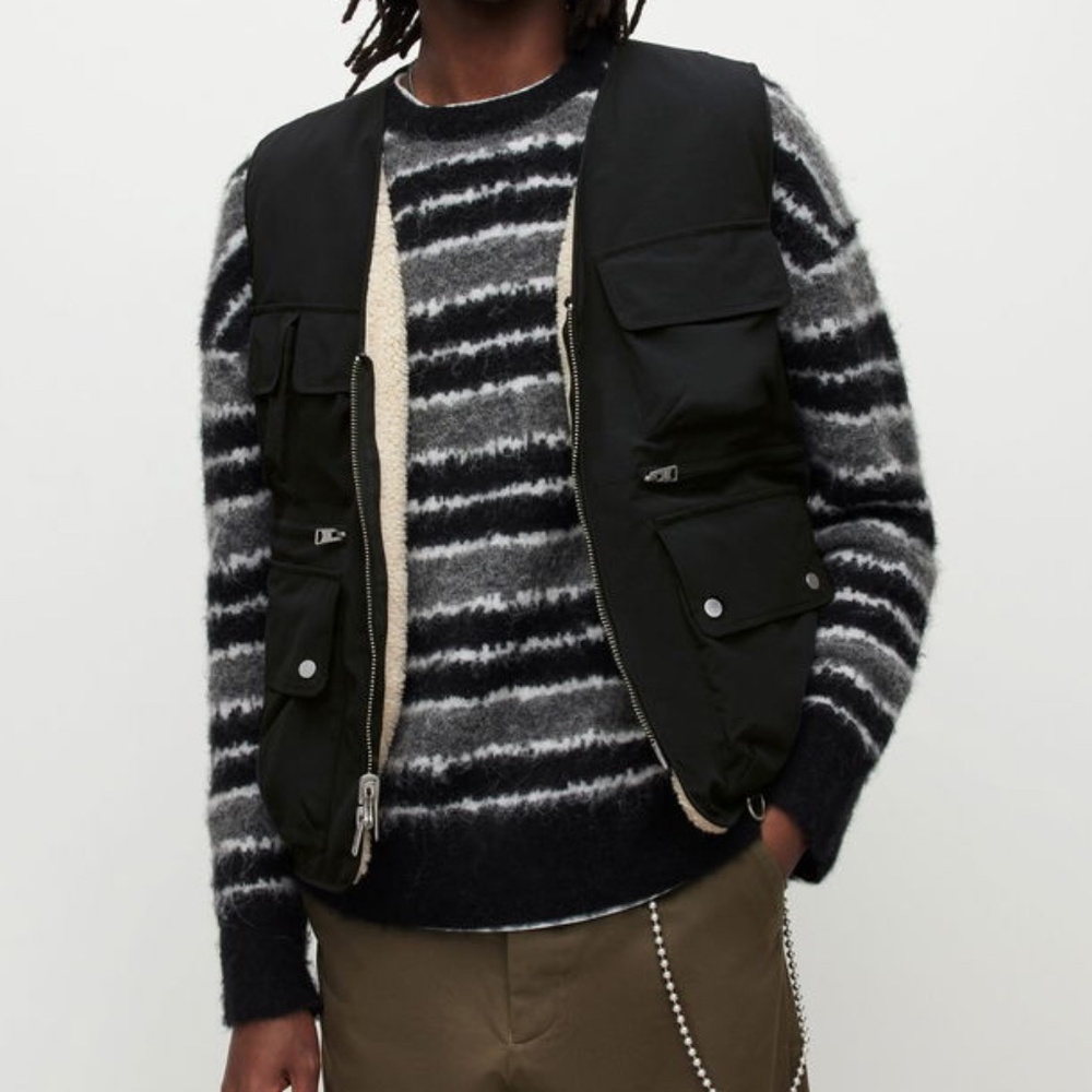 NWT AllSaints Reversible Tech Cargo Vest, Black, Cream, Size L